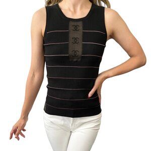 CHANEL Vintage 04P CC Logo Mesh See-through Ribbed Tank Top #38 Black [104014]